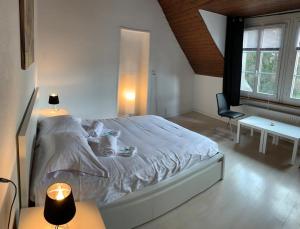 纳沙泰尔Superbe Duplex Vue Château et Lac的卧室配有一张白色大床和一张书桌