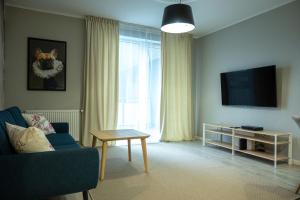 科希切日纳Apartament na Kaszubach的客厅配有蓝色的沙发和电视