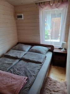 格丁尼亚Domek Letni的一间卧室设有两张床和窗户。