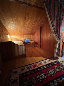 泰托沃Chalet Hilltop Kodra e Diellit Popovo Sapka的铺有木地板的带桌子和地毯的客房