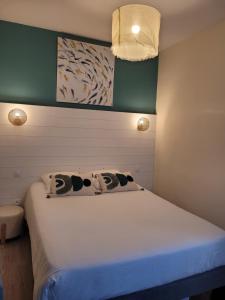 沙特拉永普拉日Hôtel Le Rivage vue sur mer - Châtelaillon-plage的一间卧室配有一张带两个枕头的床