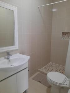 蓬塔杜欧鲁Tropicana guesthouse的白色的浴室设有水槽和卫生间。