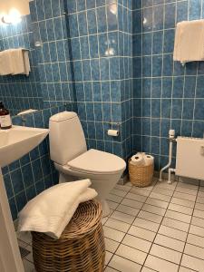 霍尔特Holte lejlighed的蓝色瓷砖浴室设有卫生间和水槽
