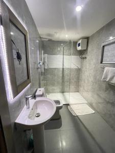阿布贾Citilodge Hotel & Conference Centre的一间带水槽、卫生间和淋浴的浴室