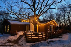 吉姆索普Chestnut Tree Lodge - Modern Wooded Escape的雪中带圣诞灯的房子
