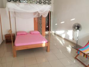 贝岛Spices Beach Studio Madirokely Nosy Be的一张带粉红色床单和天蓬的床