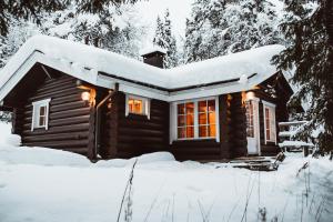 科拉里Villa Lappee的雪中的一个小木屋,灯光照亮
