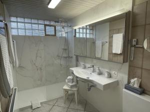 恩内特布尔根Holiday Home Seestern direkt am See by Interhome的一间带水槽、淋浴和镜子的浴室