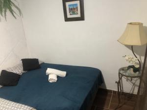 里约热内卢Apartamento aconchegante com deck的一间卧室配有蓝色的床和毛巾