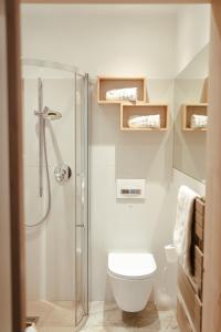 梅拉诺Hotel Villa Freiheim的一间带卫生间和玻璃淋浴间的浴室