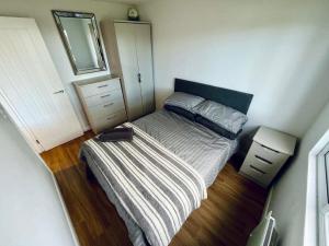 卡纳芬Cozy Snowdonia Chalet的一间小卧室,配有一张床和镜子