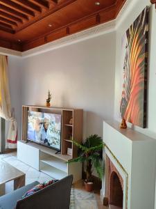 马拉喀什Appartements de charme à la palmeraie的一间带电视和壁炉的客厅