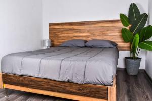 埃莫西约Nomad Casa en la mejor ubicación的一张带木制床头板和盆栽的床
