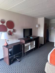 纽堡纽堡豪生酒店的酒店客房配有一张书桌、一台电视和一张床