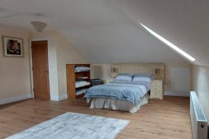 恩尼斯科西Modern Countryside apartment Killmallock Lodge的一间白色客房内配有一张大床的卧室