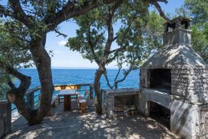 普利兹巴Seaside secluded apartments Cove Vela Borova, Korcula - 15062的一个带野餐桌的石头壁炉,享有海景