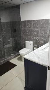 圣克鲁兹Hotel Boutique Grand Cru的浴室配有卫生间、盥洗盆和淋浴。