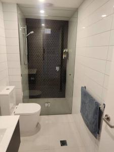 墨尔本Modern Apartment Airport Area的一间带卫生间和玻璃淋浴间的浴室