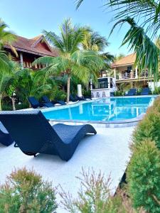 哈林海滩Family House Resort, Haad Rin的一个带躺椅和棕榈树的度假游泳池