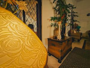 康提伽尔坎达瓦拉瓦酒店的一间卧室配有一张床和一张植物桌子