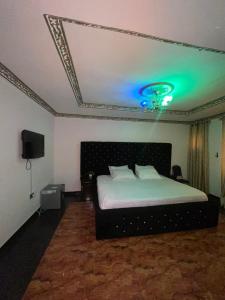拉各斯Ikorodu Guest House的一间卧室设有一张带绿色天花板的床。