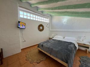 塞埃欣Casa Simón plaza Alfaro的一间卧室设有一张带绿色天花板的床。