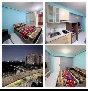 雅加达Apartment studio kalibata city by alfan的厨房和卧室的四幅照片拼合在一起
