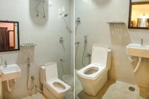 钦奈FabHotel Home Tree Service Apartment Kolathur的浴室的两张照片,配有卫生间和水槽