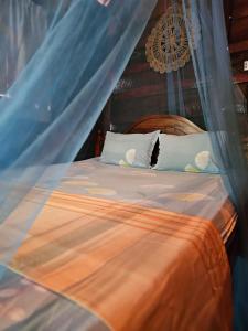 米瑞莎米丽莎鸟之家旅馆的一间卧室配有一张带蚊帐的床
