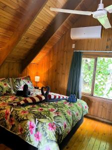 穆里Muri Vista Villas的一间带两张床铺的卧室,位于带木墙的房间内