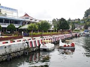 巴拉巴特Darma Agung Beach Hotel Parapat的一群船停靠在水面上的码头