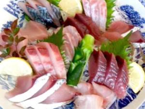 TosashimizuHotel Nagoku的盘上放有肉和蔬菜的寿司