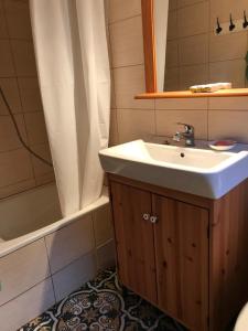 特普利采Na Husovce的浴室配有盥洗盆和带镜子的淋浴