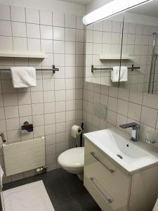 克洛滕Über den Dächern von Zürich am Flughafen的白色的浴室设有卫生间和水槽。