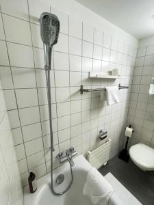 克洛滕Über den Dächern von Zürich am Flughafen的带淋浴、水槽和卫生间的浴室