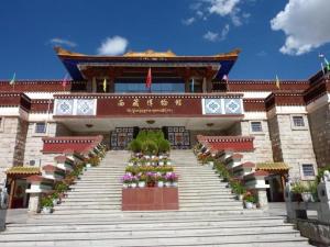 拉萨GreenTree Alliance Hotel Lhasa Potala Palace Norbulingka的前面有楼梯和鲜花的建筑