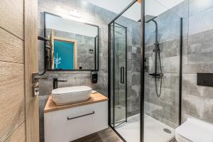 奥拉维斯MEANDER THERMAL & SKI REZORT ORAVICE的带淋浴和盥洗盆的浴室