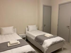 第比利斯Cultural Crossing Hotel的一间卧室配有两张带毛巾的床