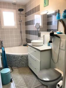 普勒尔蒂chambre océan的浴室配有卫生间、盥洗盆和浴缸。