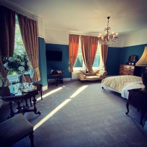 巴克斯顿Ashleigh Buxton的一间拥有蓝色墙壁的卧室、一张床和一个吊灯