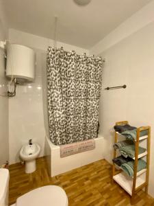 ManzanequeToledo Sol Y Luna A desayuno Incluido的一间带卫生间和淋浴帘的浴室