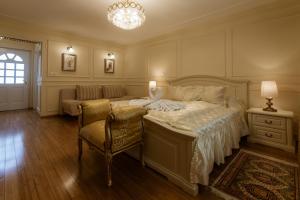 卢布尔雅那奥勒格酒店的一间卧室配有一张床、一张沙发和一个吊灯。