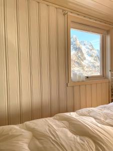 斯沃尔韦尔Hytte i Svolvær的一间卧室配有一张床和一个享有山景的窗户