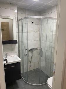马尔马里斯Unver Holiday Homes的浴室里设有玻璃门淋浴