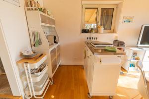 布鲁格Tiny House Chez Claudine with Garden, Workspace, Netflix, free Parking & Wifi的一间小厨房,内设白色冰箱