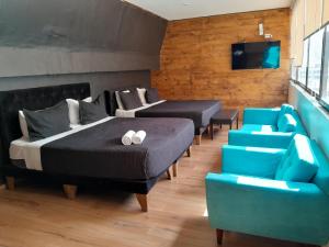 圣地亚哥Hotel Sonetto的一间带两张床、一张沙发和一台电视的卧室