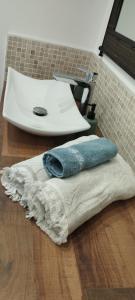 波尔尼克Claire & Co Chambre d'hôtes的浴室设有水槽,地板上铺有地毯。