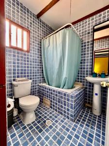 圣佩德罗·德·阿塔卡马Hostal Qachi Chentura的蓝色瓷砖浴室设有卫生间和水槽