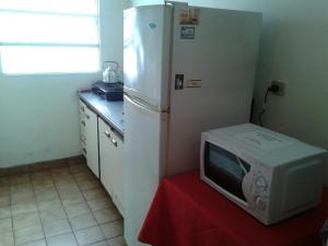布宜诺斯艾利斯科罗尼尔酒店的厨房配有微波炉和冰箱。