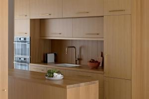 特拉维夫Rothschild 69的厨房配有木制橱柜、水槽和柜台。